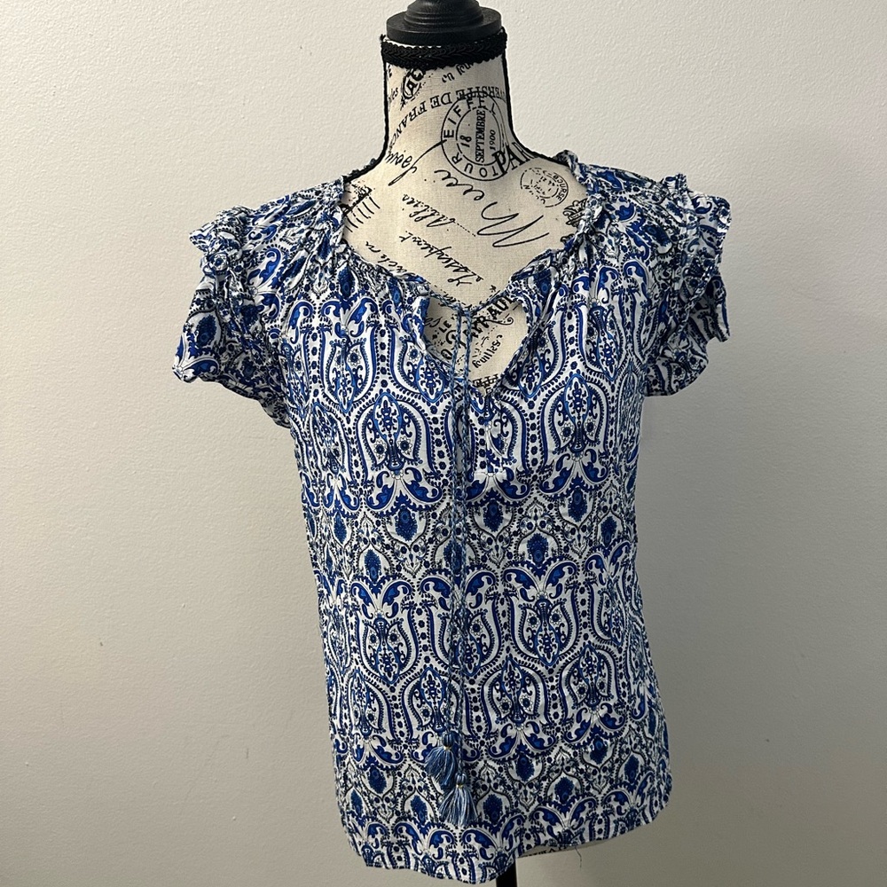 Rose & Olive Blue and White Cottagecore Paisley Peasant Blouse Boho